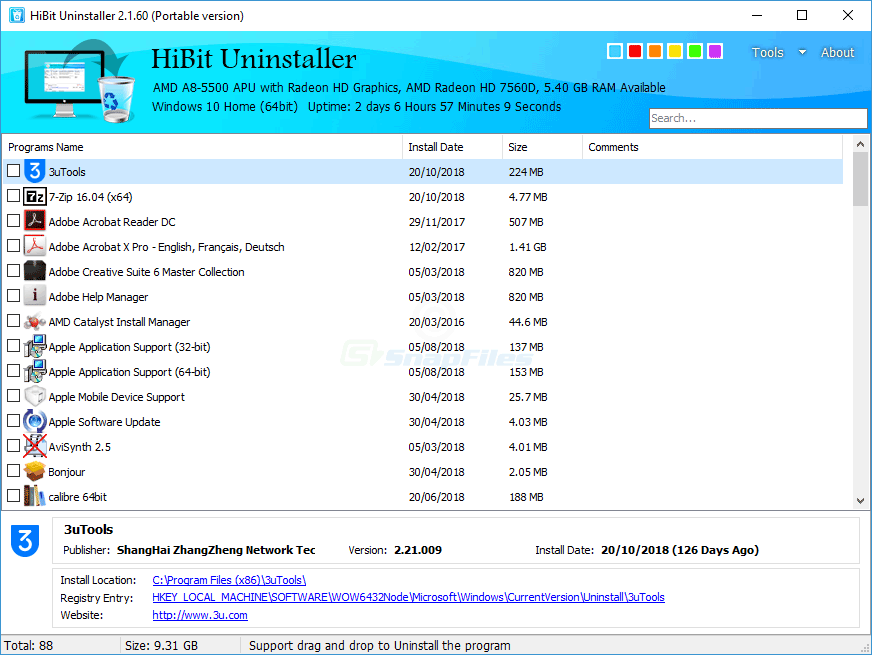 HiBit Uninstaller 主界面：已安装程序列表
